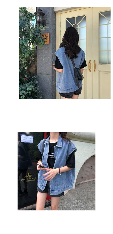 Quần áo phụ nữ Hàn Quốc mua 2021 mùa xuân và mùa thu mới BF gió công cụ denim vest không tay áo ghi lê áo ghi lê lỏng lẻo - Áo vest