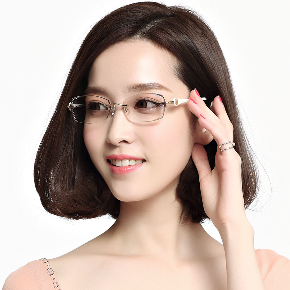 切边眼镜女 钛无框 切边近视眼镜女镶钻 眼镜近视女款优雅