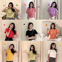 2021 Spring and Autumn Korean version of the new short sleeve candy-colored coat women's printing Joker solid color letter crew neck T-shirt 8 color women