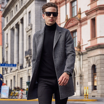 Wool double-sided woolen coat mens medium long woolen mens Korean version of tide non-cashmere thousand bird grid trench coat coat