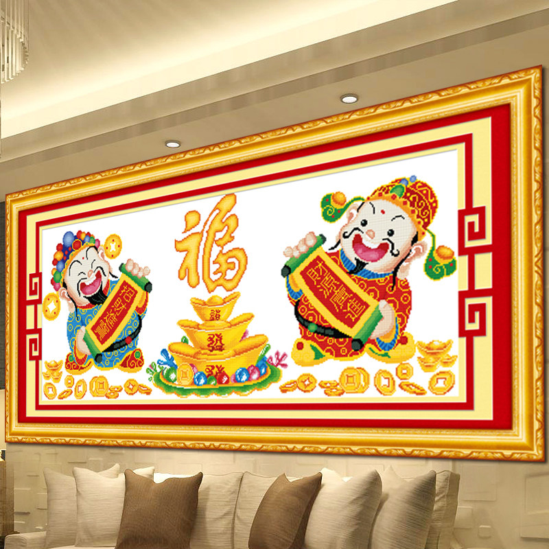 蒙娜丽莎招财树发财树摇钱树财神爷十字绣新款客厅大幅挂画刺绣秀