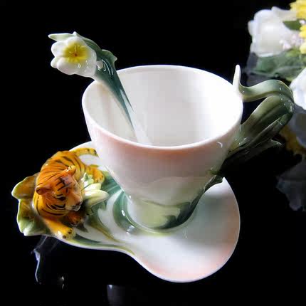 nosin 珐琅瓷咖啡杯 礼品杯子 老虎花杯碟 特价 法蓝彩 个性杯子