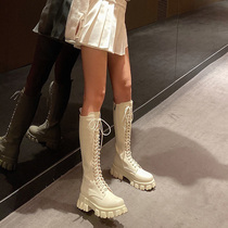 All cowhide Knight boots female little man Martin boots High Boots Boots white thick soles no knee lace boots