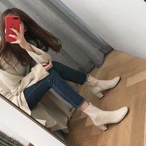White thick-heeled leather stretch boots middle-heeled skinny boots Martin boots women Joker simple square head naked boots single boots women