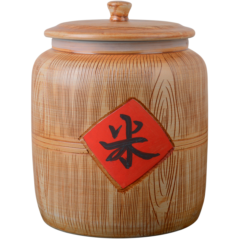 Ceramic barrel with cover ricer box home 10 jins 20 jins 30 jins 50 jins imitation solid wood flour barrel seal storage tank