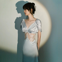 Niche unique French elegant bridal dressing gown wedding pajamas long dress V-neck sexy photo vacation style beach dress