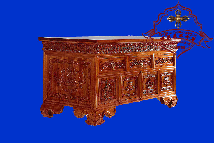 西藏红藏传吉祥八宝妙莲图案两门三抽屉茶几藏式风格古典实木家具