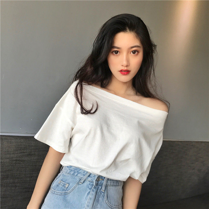 9379实拍实价 韩国chic百搭宽松漏肩一字领纯色短袖t恤女套头上衣