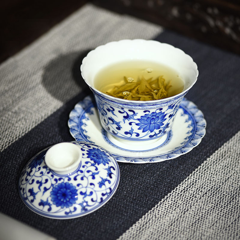 JingJun jingdezhen ceramic hand - made bound lotus flower all hand three tureen of blue and white porcelain teacup kung fu tea bowl