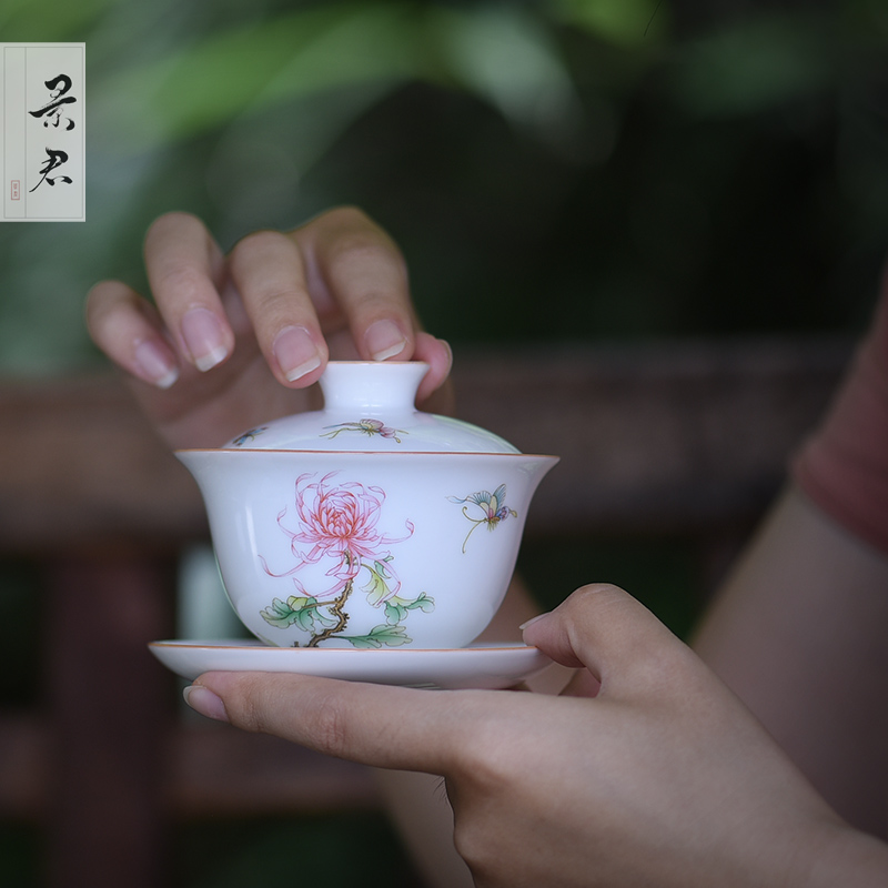 Jingdezhen ceramic kung fu tea tureen pure manual hand draw three cups to tureen tea bowl GaiWanCha cups