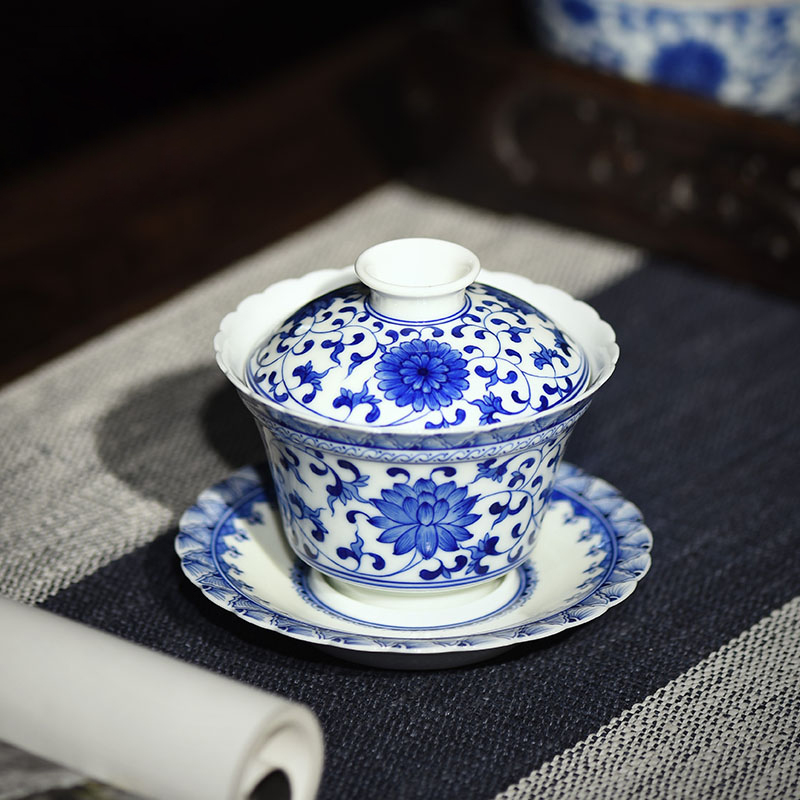 JingJun jingdezhen ceramic hand - made bound lotus flower all hand three tureen of blue and white porcelain teacup kung fu tea bowl