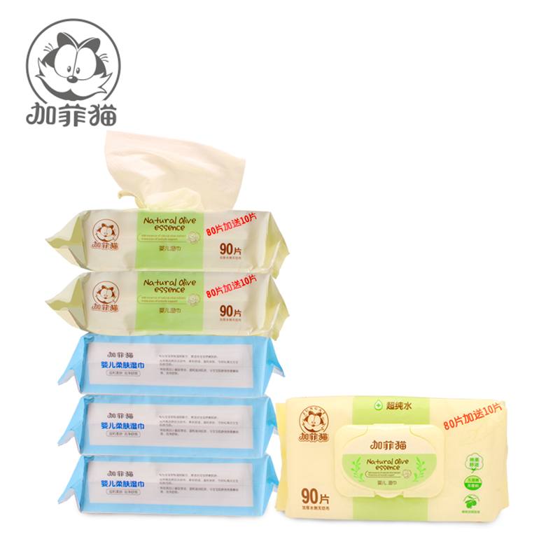 加菲猫 婴儿湿巾宝宝湿巾纸 新生儿卫生湿纸巾90片6连包 带盖产品展示图2