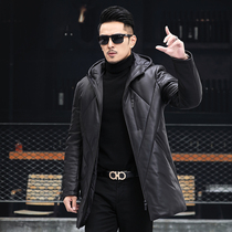Leather down jacket male long hooded sheep fur coat with velvet thickened winter Haining leather fur coat