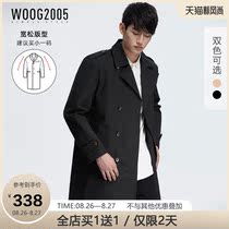  WOOG2005 black mid-length mens lapel windbreaker 2021 winter Korean version of the trend British style loose jacket