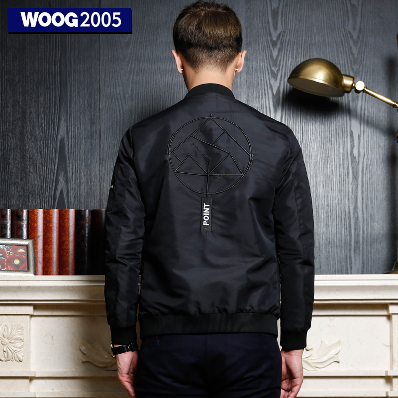 WOOG2005男士棒球领休闲夹克2017春季青年潮流帅气黑色飞行服外套产品展示图1