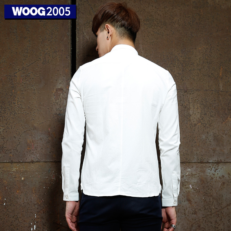 WOOG2005小领衬衣男长袖2017春季男士韩版修身纯棉牛津纺白色衬衫产品展示图5