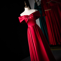 Toast dress bride 2021 new summer satin high-end word shoulder red dress female engagement dress long section