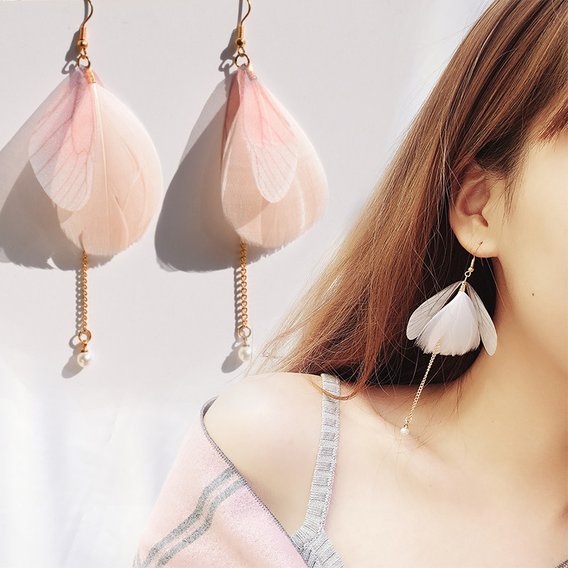 羽毛耳环韩国气质长款吊坠超仙清新简约翅膀百搭耳夹925银钩耳饰_7折