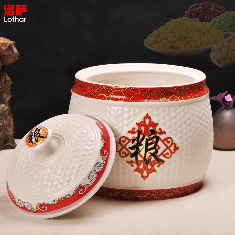 Jingdezhen ceramic barrel ricer box seal pot 15 pounds 25 kilo meters box of grain storage tank tea meters box jar jar