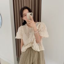 (Spot second hair) Joo Korean summer retro French puffy pleated foam cotton Joker short shirt