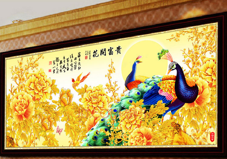 5d钻石画金色牡丹花开富贵孔雀十字绣点贴砖石画满钻新款客厅大幅