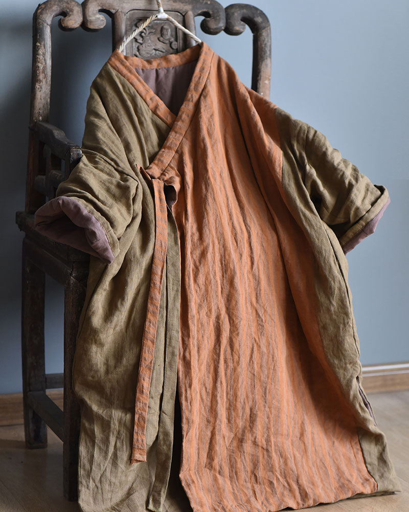 古风拼色斜襟开衫女棉袍亚麻夹棉宽松加大复古棉衣外套加厚汉服