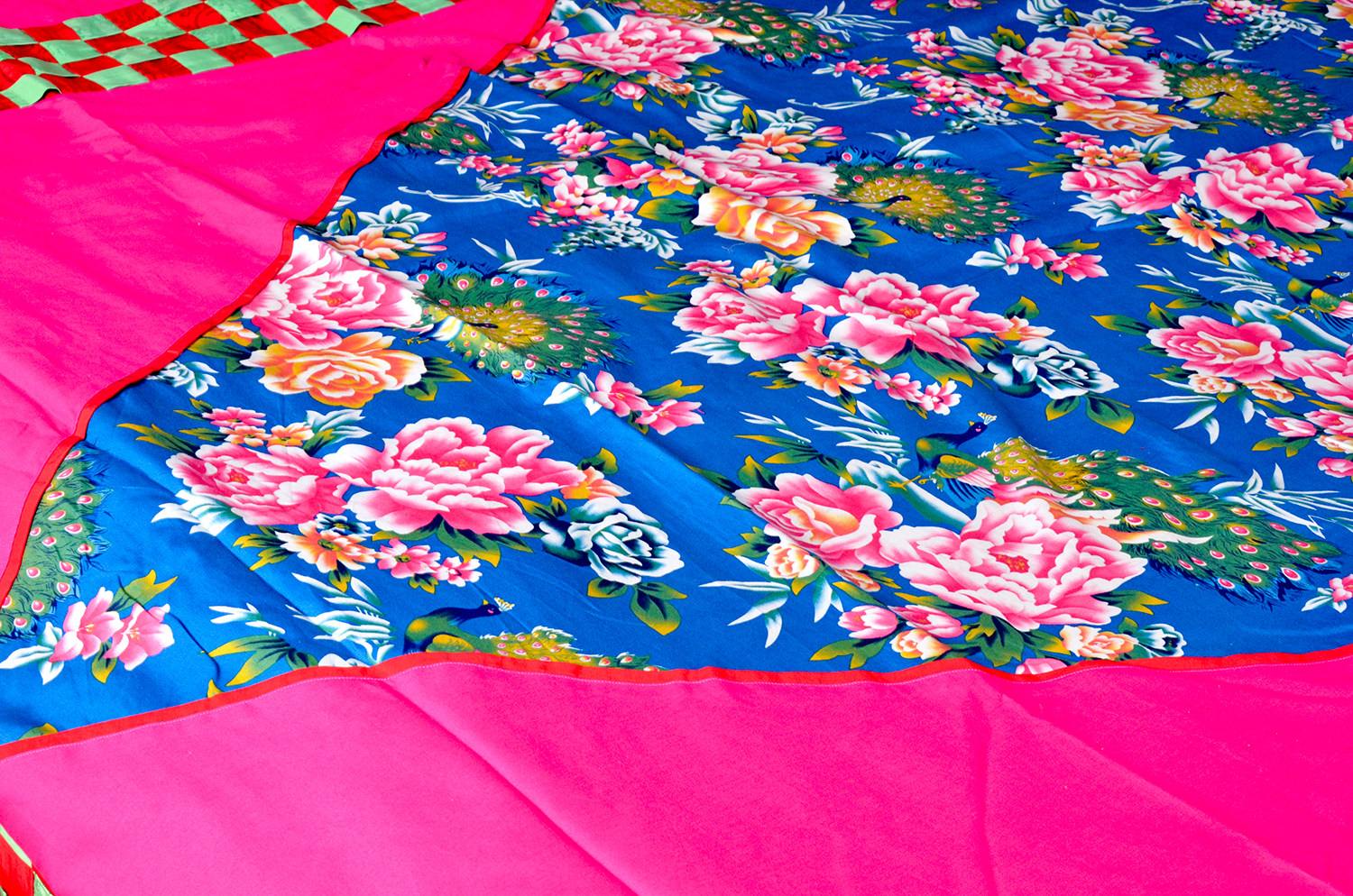 丹凤创意:东北老花布四件套床品套件床上用品蓝色牡丹花镶色床品