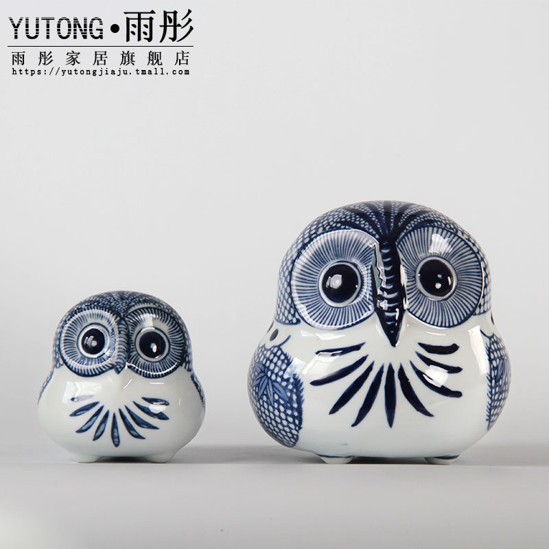 Jingdezhen blue and white porcelain ceramic owl sitting room adornment ornament furnishing articles children toy owl figurines