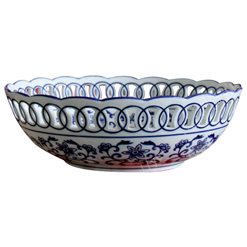 Blue and white hollow out fruit bowl dessert fruit bowl round home sitting room large creative decoration of jingdezhen ceramic furnishing articles