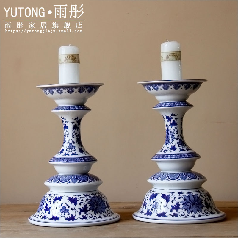 Jingdezhen blue and white porcelain high candlestick creative ceramic candelabra handicraft zen ceramic decorative furnishing articles