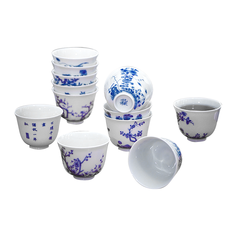 Jingdezhen nine calcinations syncretism. God nine suits for hand - made of blue and white porcelain tea cups