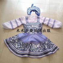 New custom ethnic minority clothing Russian traditional clothing Blue and white porcelain blue and white short dress knee-length