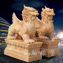 Stone carving Pixiu pair of courtyards Outdoor hotel fortune town house ornaments Household door animal White marble stone unicorn