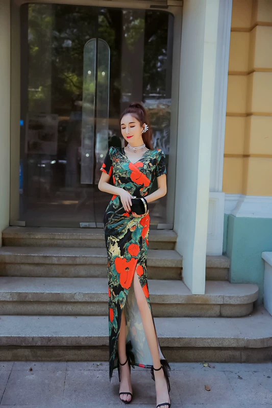 Mùa hè mới năm 2021 túi phụ nữ ngắn tay in ngang hông mỏng gợi cảm váy dài xẻ tà xu hướng thời trang - Váy dài