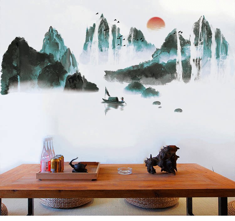 天猫中国风山水画壁纸墙贴