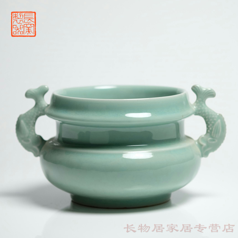 Making those offered home - cooked long up in jingdezhen ceramic powder blue glaze Capricorn ears furnace manual Chinese style household incense buner furnishing articles