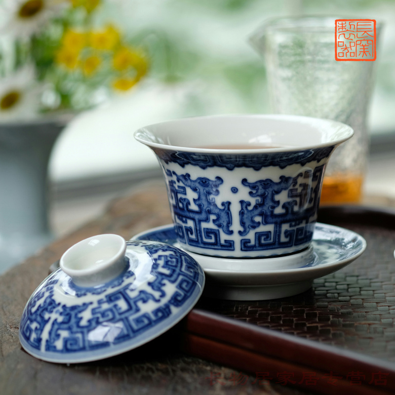 Hand made blue and white dragon grain only three tureen offered home - cooked ju long up system, jingdezhen ceramic retro blue and white porcelain tea set