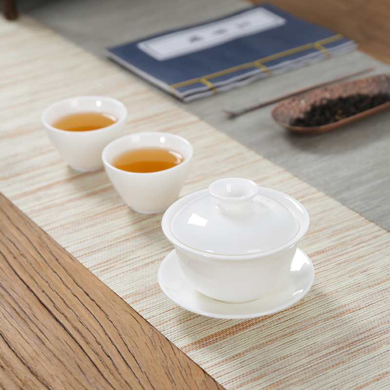Household dehua white porcelain tea tureen only three bowls of ceramic cups to kung fu tea set white porcelain tea sea interface. A cup of tea