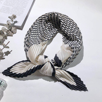 Diamond square scarf small silk scarf women spring and summer ins Joker Korean scarf pleated striped scarf headscarf tie bag