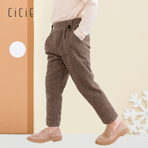 Cicie wear casual long pants wool-blend plaid plus velvet thickened childrens baby girls autumn and winter clothes