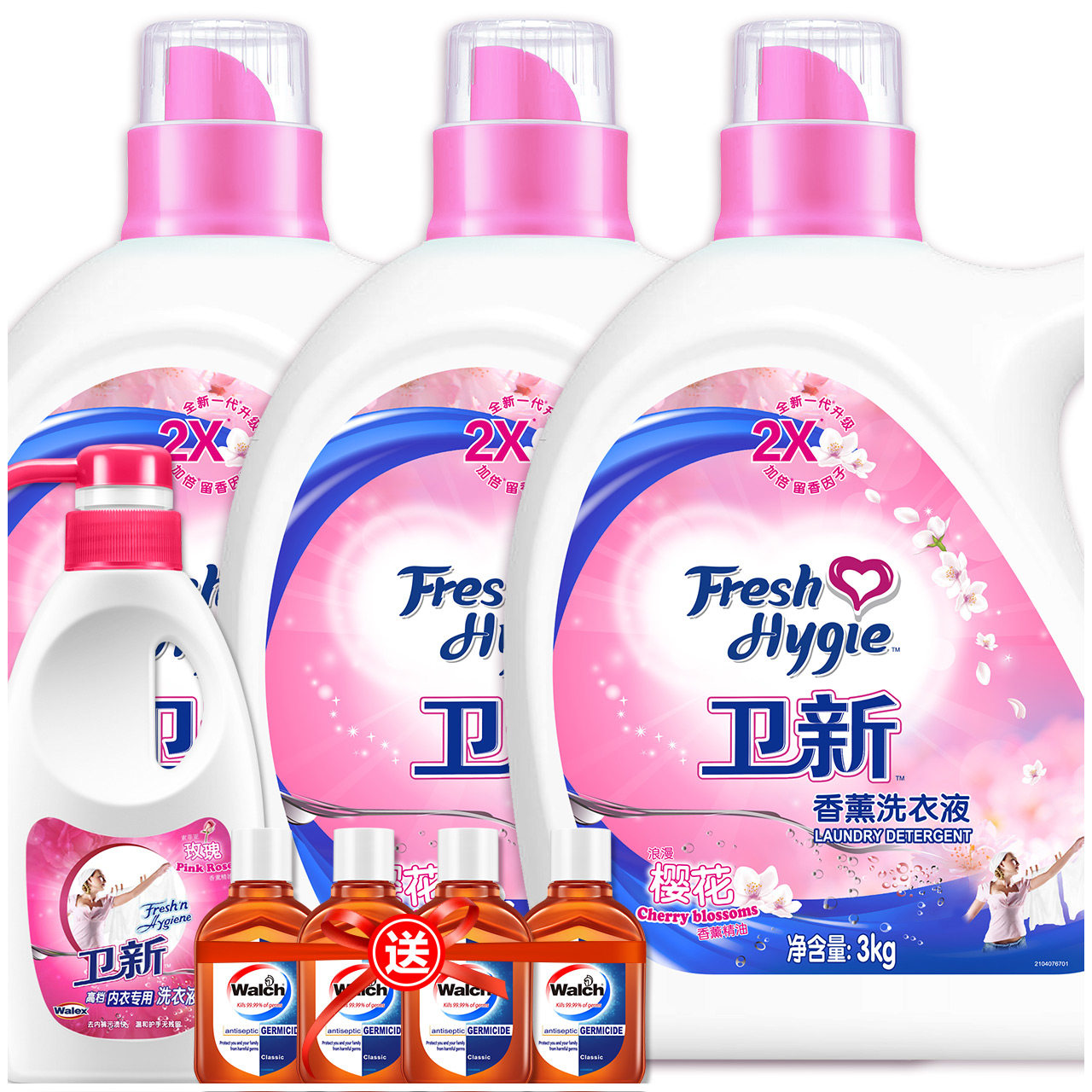 威露士卫新樱花洗衣液3kgx3送内衣洗300ml 消毒