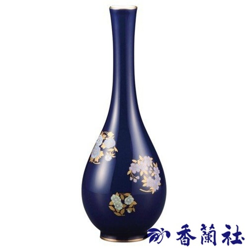 4691】 香蘭社 瑠璃胡蝶蘭六角口花瓶 花器 花生 花入 陶器 ルリ胡蝶蘭）