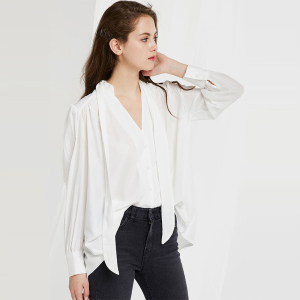 Sexy V-Tie Design Pleated Decoration Pure Long Sleeve Shirt Female 