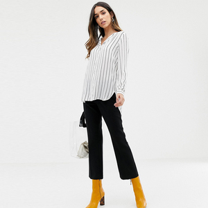 Vertical Stripe Top Sexy V-type Turn-lapel Basic Long Sleeve Shirt 