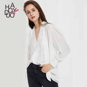 Sexy V-Tie Design Pleated Decoration Pure Long Sleeve Shirt Female 