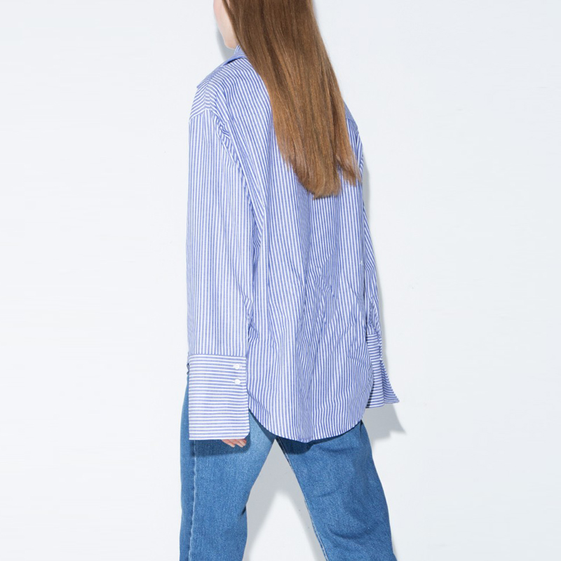 Haoduoyi2016夏新款 时尚蓝白条纹系带蝴蝶结 单排扣宽松休闲衬衫产品展示图5