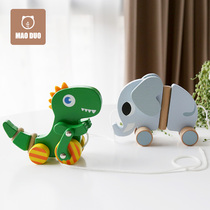 Small baby drag toy learning step 1-2-3-year-old wooden dinosaur young dinosaur pull rope walking puzzle early education enlightenment