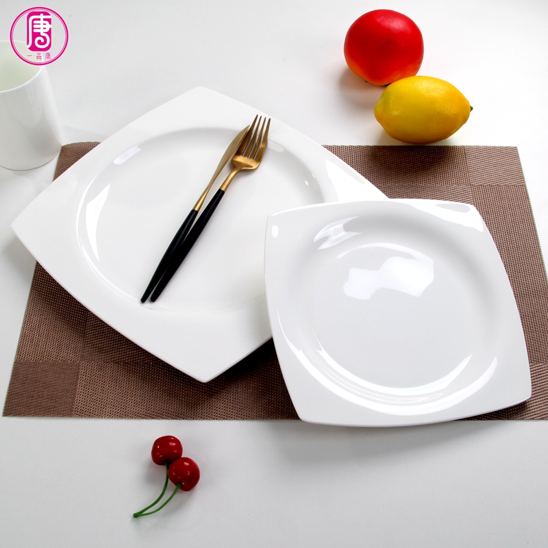 Pure white household ceramic plate steak pan European ipads porcelain hotel big flat tray square plate tableware