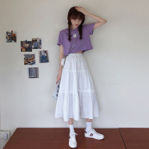 2022 Summer new Korean version a word cake Skirt Tide Fashion high waist mid-length student 100 hitch a half-body dress