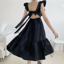 Foreign air retro square collar Long style dress woman 2022 Summer new dew back sexy lotus leaf Pendant With Skirt skirt